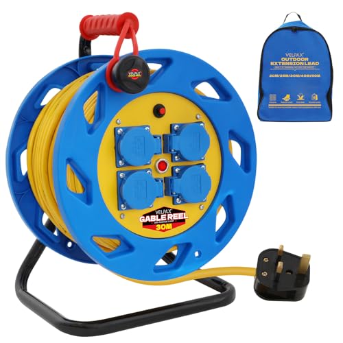 30m Outdoor Extension Lead 4 Socket Heavy Duty Extension Reel Thermal Cut-Out 13A Fused UK Plug Ideal for Garden Lawn Mower Office Use