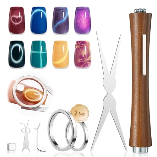 Image of modelones Cat Eye Magnet Set, 7PCS Cat Eye Gel Polish Magnet Tools with 2 Sizes Hollow Circle, 3-in-1 Dual Head Magnet Pen, Heart Ball Magnets for French Flower Moon Halo Nail Art, Home DIY Salon
