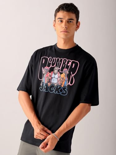 Image of The Indian Garage Co Men Cotton Oversized Graphic Back Printed Round Neck Tshirt