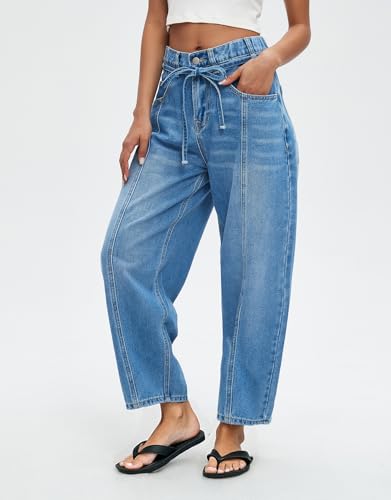 Ladyful Womens Baggy Barrel Jeans Drawstring Low Rise Horseshoe Jeans Boyfriend Wide Leg Mom Denim Pant Trouser3