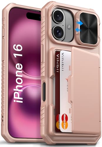 Image of Vihibii for iPhone 16 Case Wallet with Card Holder (4 Cards) [RFID Blocking] & Slide Camera Cover, Military Grade Drop Protection, Rugged Back & Silicone Edge Phone Cover, 6.1 inch 2024, Rose Gold