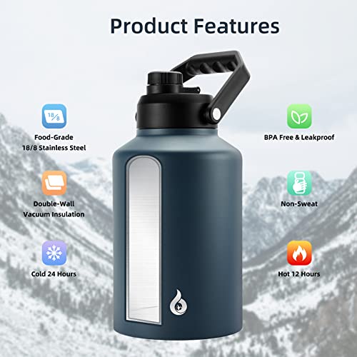 Bjpkpk One Gallon(128Oz) Insulated Water Bottle, Dishwasher Safe Stainless Steel Thermos, Bpa Free Jug With Ergonomic Handle & Anti-Slip Bottom, Large Water Bottle, Navy Blue #TOP2
