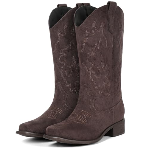 Image of IUV Cowboy Boots For Women Square Toe Wide Mid Calf Western Pull On Suede Fashion Black Brown Cowgirl Boots