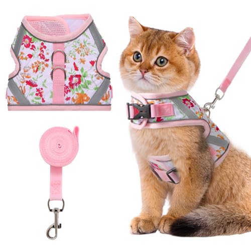 Floral cat Leash and Harness Set. The cat Harness Escape Proof Feature Allows You to Walk You cat, Small Dog or Rabbit Without Worries. This Kitten Harness and Leash is Cute and Trendy