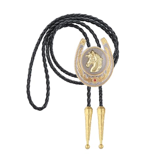 Image of Jeilwiy Bolo Tie for Men, Western Cowboy Golden Longhorn Bull Eagle Horse Cowboy Hat Bolo Necklace Leather Necktie for Women