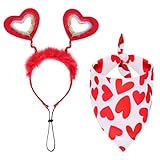 Bcxfbxd Valentines Red Heart Dog Headband and Bandanas Accessories Set Red Glitter Hearts Dog Headband Scarves Cute Valentines Outfit for Dog Cat