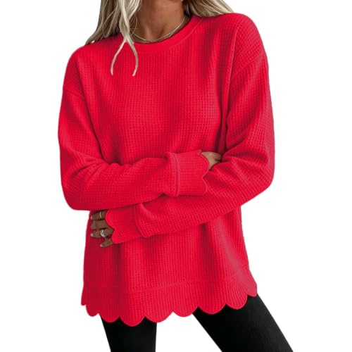 Womens Scalloped Top Waffle Knit Top Long Sleeve Crewneck Pullover Blouse - image 1