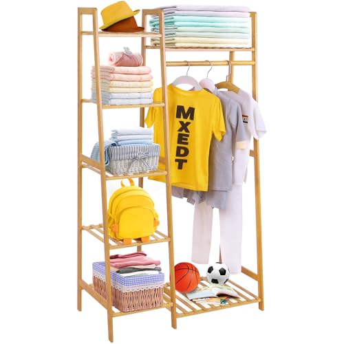 Image of Kids Clothing Rack,Small Toddler Clothes Racks, Bamboo Wooden Garment Rack with Shelves, Short Mini Dress Up Costume Rack for Hanging Clothes Nursey,Baby Shower,Child Playroom,Bedroom,6 Tier,56"