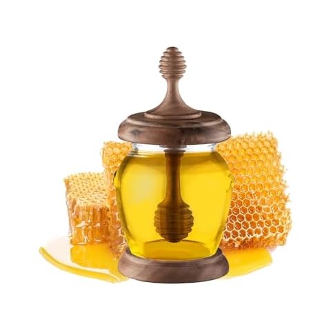 Honey Jars with Dipper - 10.14 oz North American Black Walnut Glass Honey Pot with Lid, Wide-Mouth Design for Honey and Maple Syrup, Perfect for Kitchen Decor and Mother’s Day Gift Cover