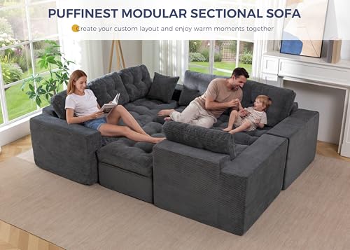 Image of MAXYOYO Modular Sectional Sofa with Ottoman and Loveseat, Cloud Boneless Couch with Layered Cushion, Flexible Module Combination Sofa for Living Room, No Assembly Required,Dark Grey