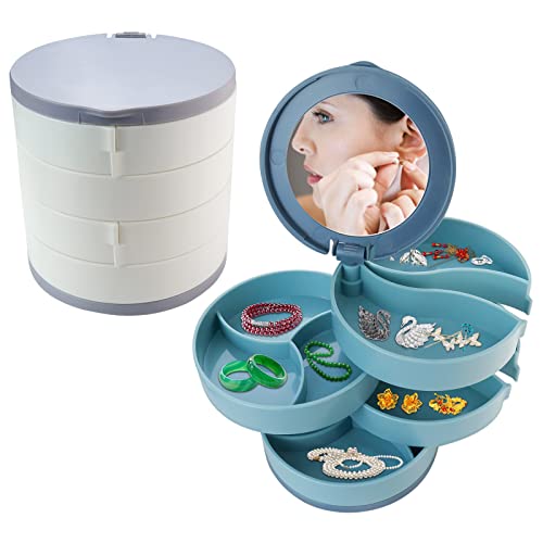 GZcaiyun Joyero giratorio de 360 ° con 4 niveles para anillos, pendientes, collares, cumpleaños, niñas, mujeres, regalo (azul/blanco) Cover