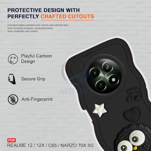 Image of AESTMO Back Case Cover for Realme 12 / 12X / C65 / Narzo 70X 3D Cute Fun Cartoon Characters | Anti Slip Grip Cute Wave Curly Frame Shape | Back Cover for Realme 12 / 12X / C65 / Narzo 70X (Black)