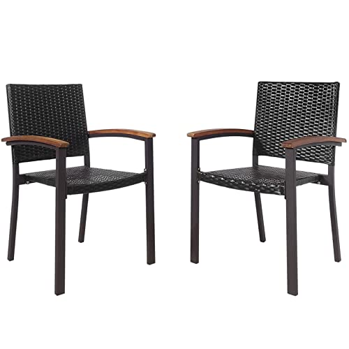COSTWAY Rattan Garden Chairs Set of 2/4, Stackable Outdoor Dining Chairs with Acacia Wood Armrests & Non-slip Footpads, PE Wicker Patio Bistro Armchairs for Backyard Poolside Balcony (2)