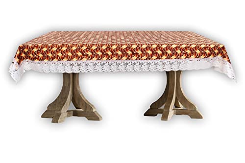 Image of The Furnishing Tree Waterproof PVC Rectangle Shaped 8 Seater Table Cover WxL 60x108 inches Interlocked Ropes Pattern Brown with White Border lace