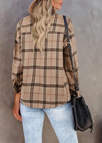 Fisoew Damen Langarm Karierte Blusen Flanell Button Down Jacken Casual Langarmshirts Hellbraun M