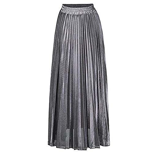 ebossy Women's Casual Elastic High Waist Metallic Pleated Long Skirt Solid Party Flowy Midi Skirt
