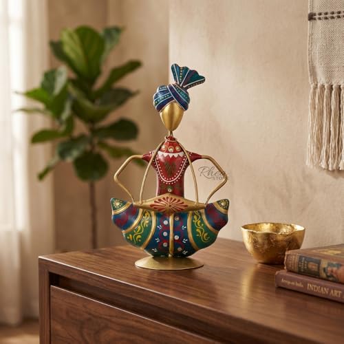 Image of Rajasthani Mini Sardar Musician Showpiece with Dholak Instrument, Metallic Traditional Table Decor Item for Corporate Bulk Gifting and Office Desk Ornament (2x10x16 cm)