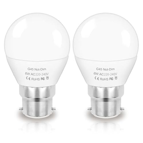 ZHENMING B22 Bayonet Light Bulb B22 G45 LED Bulb Warm White 3000K 6W Golf Ball Halogen Lamp 60W Equivalent 220V No-Dimmable Energy Saving Light Bulbs, Pack of 2