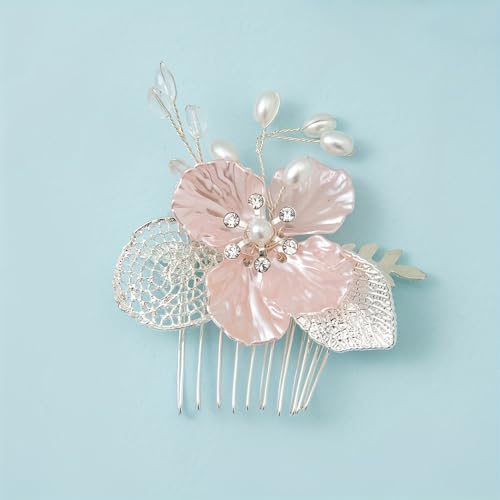 CASOLVX Bridal Small hair comb Crystal Hollow Leaf flower side comb suitable for brides bridesmaids and flower girls with wedding or Children's party 2PCS (Pink)