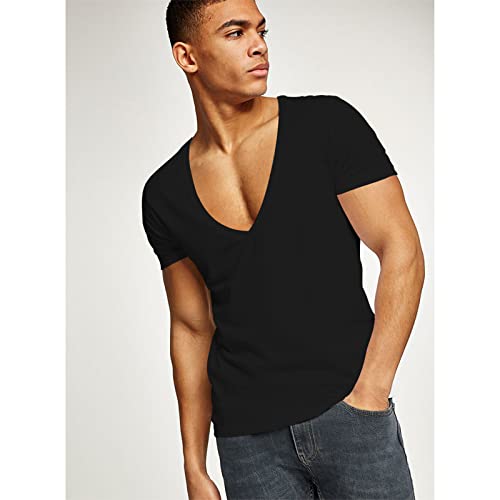 Rela Bota Mens Deep V Neck T Shirt Stretch Muscle Gym Workout Tee Shirt Short Sleeve Slim Fit Low Cut Tank Tops3