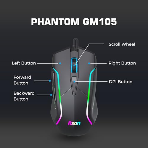 Image of Foxin Phantom GM 105 USB Wired Gaming Mouse with Upto 7200 DPI Gaming Sensor | 6 Buttons | Upto 10 Million Clicks | RGB Lighting | Ergonomic Design | 1.5m Cable (Black)