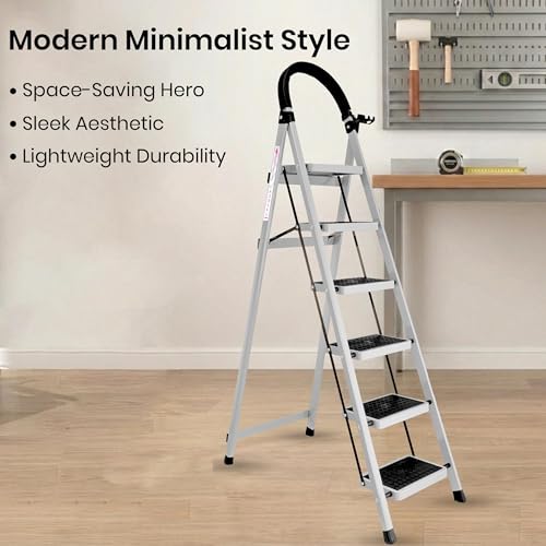 Image of Casa Copenhagen White 6 Step Ladder for Home Use with Built-in Tool Tray | Heavy Duty D Shape Rods | Ultra Large Platform | Wide Rubber Feet | 150Kg Capacity Foldable Ladder - 7 Years Warranty