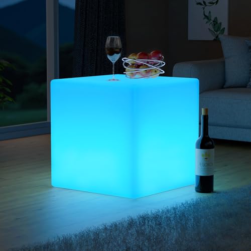 Image of FUYO 16 inch LED Light Cube with Remote Waterproof Light Up Cube Chair, 16 RGB Colors LED Table for Kids Night Light, Glow Cube for Indoor Outdoor Home Patio Party (White-16 inch)