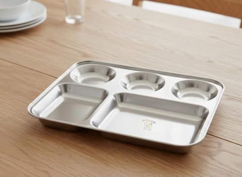 Image of MOHAM Stainless Steel Rectangular Partition Plate 5 in1 /Bhojan Thali /Compartment Plate /Steel Thali /Dinner Plate Pack of 3 of 1 for Breakfast /Lunch /Dinner /Pav Bhaji Plates