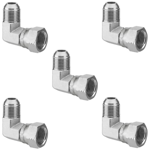 Image of 5 Pack 90 Degree Elbow JIC 37 Hydraulic Fittings: 1 /2 inch JIC Male x 1 /2 inch JIC Female, with Protection Cover Hydraulic Hose Swivel Crimp Fittings | 5 Pack Carbon Steel Hydraulic Hose Swivel Crimp Adapters with Protective Cover for Hydraulic Assembly System - 6500-08-08
