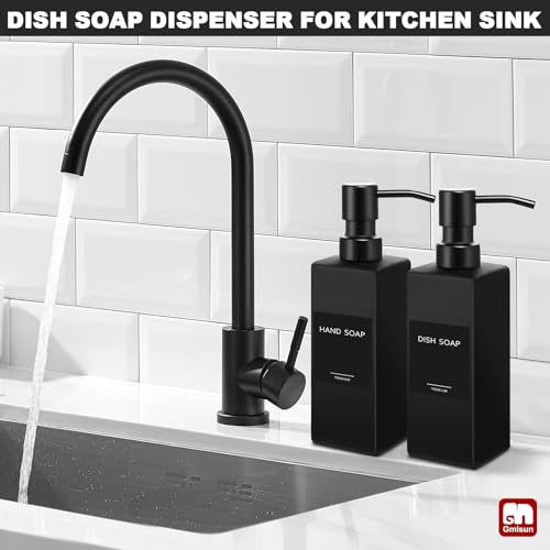 Image of GMISUN Black Soap Dispenser Bathroom, Glass Hand Soap Dispenser with Stainless Steel Pump, 12 fl oz /350ml Refillable Dish Dispensers for Kitchen, Modern Liquid Lotion Bottles for Bathroom Countertop