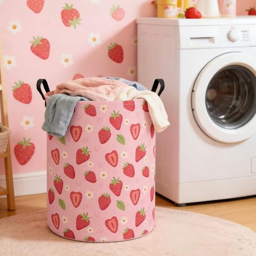 Image of Round Laundry Basket Collapsible Storage Hamper Flower Strawberry | Waterproof Canvas Foldable Baskets with sturdy Handles Multi-scene Organizer for Home Play Bedroom Gift Bin
