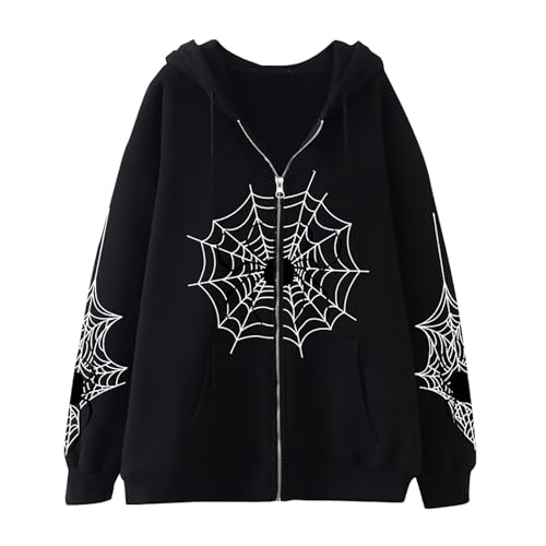 Unisex Spider Web Hoodies Jacket Halloween Zip Up Long Sleeve Y2K Tops Novelty Gothic Streetwear Oversized Sweatshirts Aesthetic Pullover Vintage Goth Punk Hooded Jacket(Black Small)