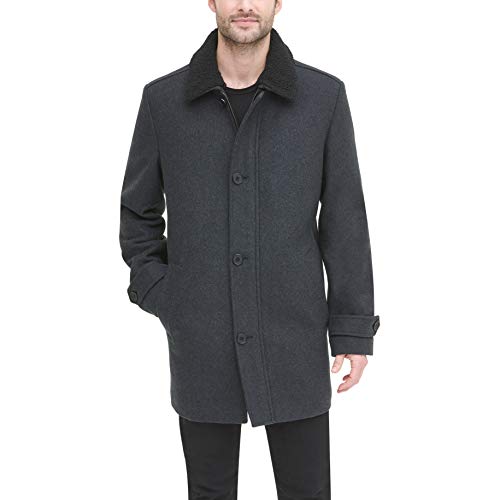 DKNY Men's Wool Blend Walking Coat with Removable Sherpa Collar, Charcoal, X-Large