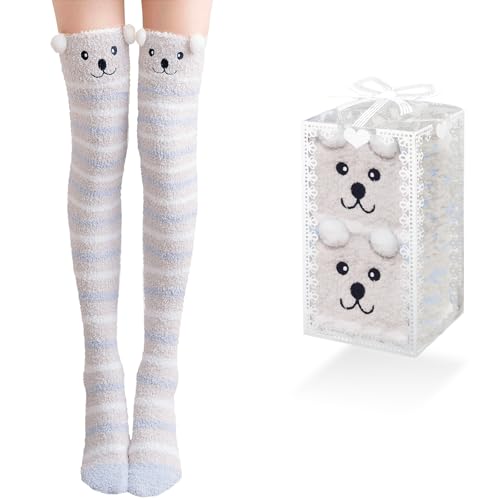 Kakveiai 1 Pair Chaussettes Hautes Montantes Femme, Femme Longues, Chaussettes de Genoux, avec Transparent Coffrets Cadeaux, Cadeau De Femmes et Fille, Taille unique(Gris Rayures 1)