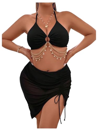 MakeMeChic Women's Plus Size 3 Piece Halter Ring Tie Backless Bikini Set with Ruched Cover Up Skirt