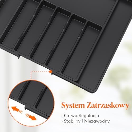 Lifewit Organizer do Szuflady na Sztućce, Wkład do Szuflady, Organizer na Przybory Kuchenne, Kompakt Plastlåda med Plats för Skedar, Gafflar, Knivar, 39-68 x 47 cm, Czarny