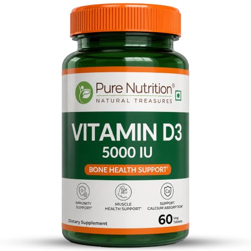Image of Pure Nutrition Vitamin D3 5000 IU Supplement - 60 Tablets | Vitamin D3 Supplement for Bone & Muscle Health | Supports Calcium Absorption & Immunity