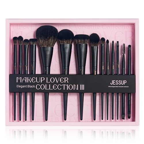 Jessup Set de 14 Brochas de Maquillaje Negras para Mujer, Pincele Maquillaje Base Sombra de Ojos Contorno Corrector Polvo Delineador de Ojos Pliegue Cejas Brochas Difuminar Regalo para Mujer,T336-G