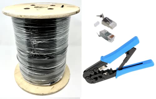 Ultra Spec Cables Cat5E - Cable Ethernet impermeable para entierro directo a granel blindado sólido (cobre puro) resistente cubierta negra (sin extremos) - 1000 pies con 100 conectores blindados RJ45