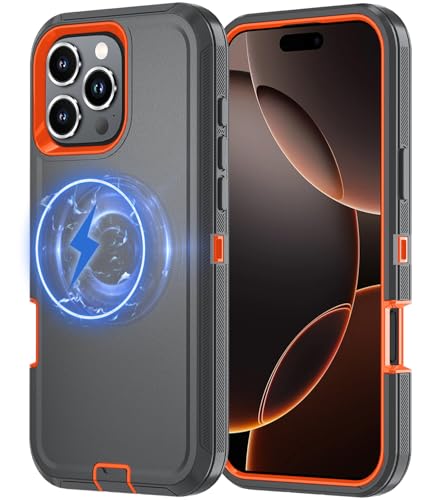 Olinoo for iPhone 16 Pro Max Case [Compatible with MagSafe], Heavy Duty Shockproof 3-Layer Full Protection Rugged Cover, Drop-Resistant Wireless Charging Friendly (Darkgrey/Orange, iPhone 16 Pro Max)