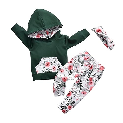 Image of Eghunooy Baby Girl Clothes Long Sleeve Floral Hoodie Sweatshirt Pants with Pocket Headband Outfit Sets