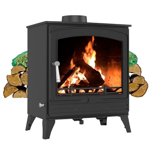 RoyalFire 8.5kW Steel Eco DEFRA Approved Multifuel Stove with Firewood Starter Kit - High Heat Output Wood & Charcoal Burning Freestanding Fireplace, Energy Efficient Home Heater Home Heating Set
