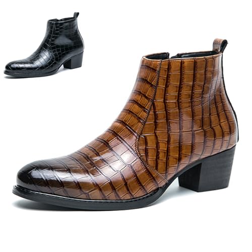 Men's Pattern Leather Chunky Heel Dress Chelsea Boots Fashion Classic Cap Toe Side Zipper Block High Heels High Top Formal Oxford Shoes Casual Business Chukka Ankle Boots