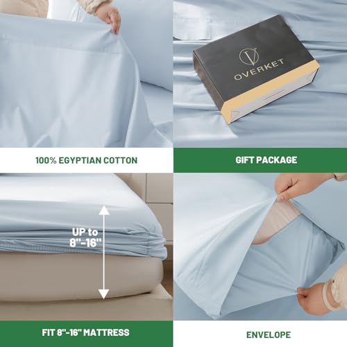 Image of 1000 Thread Count Egyptian Cotton Sheets Queen Size Set 4PCS Sateen Weave Soft Breathable 16-Inch Deep Pocket（Queen,Light Blue）