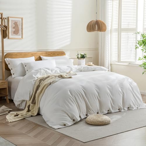 Image of JELLYMONI Cotton Duvet Cover Cal King Size - Bright White Comforter Cover with Button 100% Washed Cotton 3PCS Breathable Soft Solid Bedding Set Duvet Cover 104x98in & 2 Pillowcases (NO Comforter)