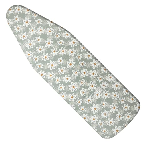 Rhinenet Ironing Board Cover with Extra Thick Padding and Drawstring for a Secure Fit - 6 mm Felt Padding, Scorch Resistant, Fits Up to 55x19 inch (White Floral)