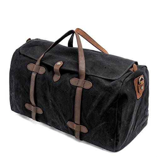 women Vintage Pure Cotton Canvas Leather Travel Duffle Bags Large Capacity Weekend Overnight Men Hand Luggage Big (Black)