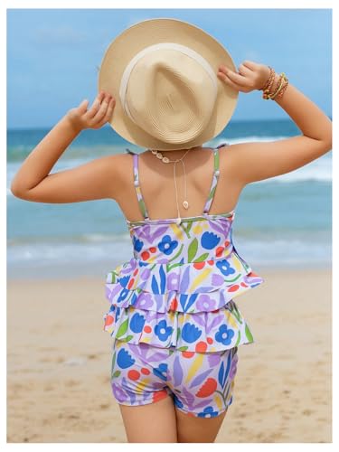 Verdusa Girl's 2 Piece Floral Tankini Set Ruffle Layered Camisole Shorts Swimsuit2