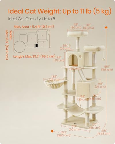 Image of Feandrea Cat Tree, 66.1-Inch Large Cat Tower, Multi-Level Plush Condo with 13 Scratching Posts, 2 Perches, 2 Caves, Basket, Hammock, Pompoms, Beige UPCT165M01
