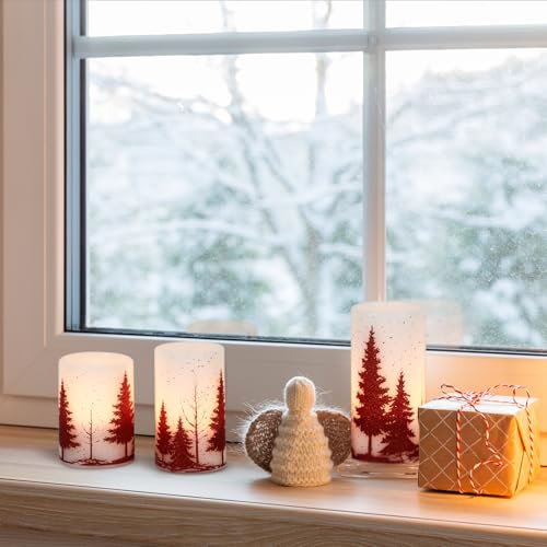 Image of KunSween Red Christmas Tree Flameless Candles with 6H Timer, 3 Pack LED Flameless Candles Battery Operated Real Wax, Christmas Candle for Winter Holiday Decorations for Home(D3 x H4 5 inch 6 inch)